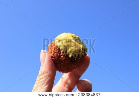 Dutch Bitterbal Warm Stuffed Fried Meatbal, Served In The Netherlands With Mustard
