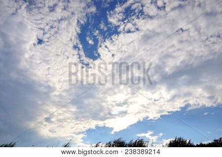 Beautiful Nature Blue Sky With Clouds, Sky Clouds Background, Cloudscape Concept. Space For Text In 
