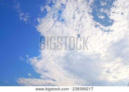 Beautiful Nature Blue Sky With Clouds, Sky Clouds Background, Cloudscape Concept. Space For Text In 