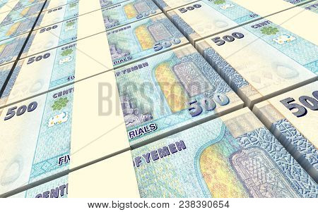 Yemeni rials bills stacked background. 3D illustration.