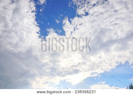 Beautiful Nature Blue Sky With Clouds, Sky Clouds Background, Cloudscape Concept. Space For Text In 