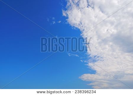 Beautiful Nature Blue Sky With Clouds, Sky Clouds Background, Cloudscape Concept. Space For Text In 
