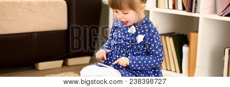 Cute Little Girl Sit On Her Chamber Pot Do Caca Playing With Cellphone Portrait