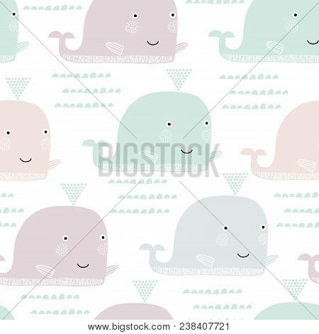 Seamless Pattern With Whale. Scandinavian Style. Summer Marina Background. Stock Vector. Perfect For