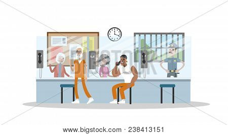 Male Prison Interior With Prisoners And Police Officers On White.