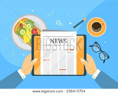 Newspaper On Tablet For Breakfast Or Lunch.