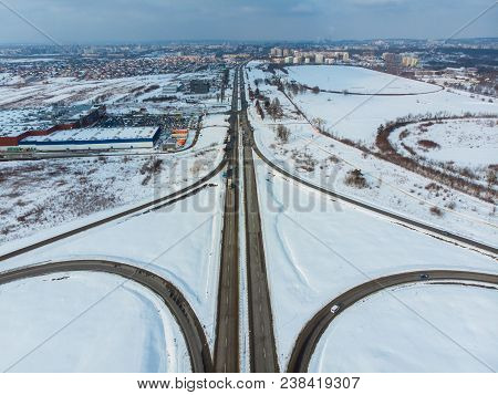 Highway Lead To City. Birds Eye View