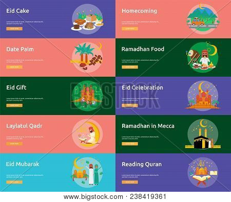 Eid And Ramadhan Banner Design | Set Of Great Banner Design Illustration Concepts For Ramadan, Relig