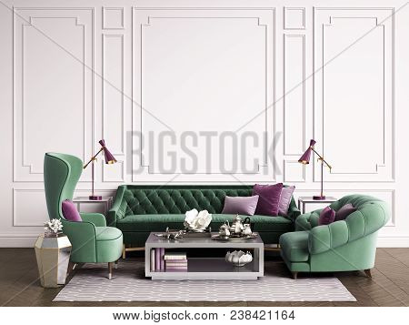 Classic Interior Room With Copy Space.sofa And Armchairs,sidetables With Lamps,table With Decor. Int