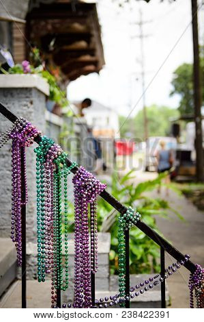 Colorful Beads On A Railing In New Orleans, Lousiana, Usa