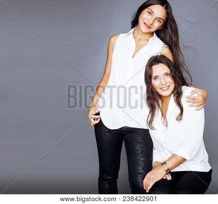 Cute Pretty Teen Daughter With Mature Mother Hugging, Fashion Style Brunette, Lifestyle People Conce