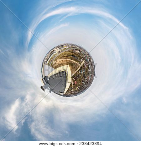 Little Tiny Planet From Roof Of Multi-storey Building With Aerial View Of Construction Residential Q