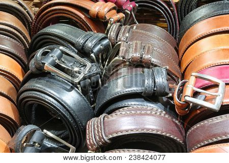 Many Belts Of Leather For Sale In The Italian Store
