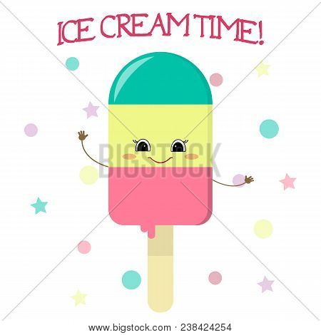 Cute Ice Cream Smiley On A Stick With Different Tastes In The Style Of A Cartoon Against The Backgro