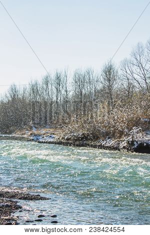 River In Winter. Rapids Of Stormy River. Winter Landscape