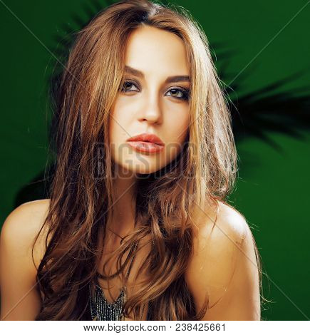 Young Cute Blonde Woman On Green Palm Background Smiling Happy, Lifestyle Peole Concept Close Up
