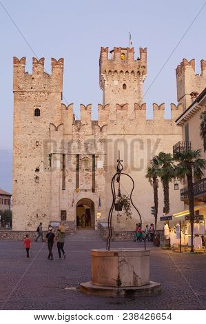 Sirmione, Italy - Circa Oct 2017: Rocca Scaligera Castle In Sunset Time. Beautiful Medieval Fortific