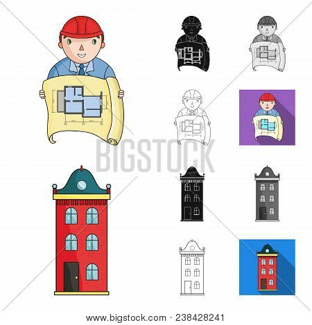 Architecture And Construction Cartoon, Black, Flat, Monochrome, Outline Icons In Set Collection For 