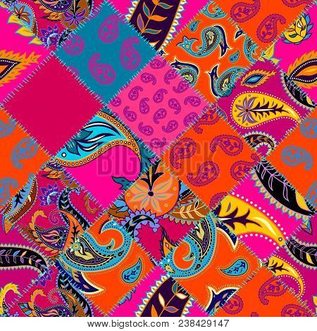 Seamless Background Pattern. Patchwork Pattern With Paisley Ornament Patterns. Bright Magenta And Or