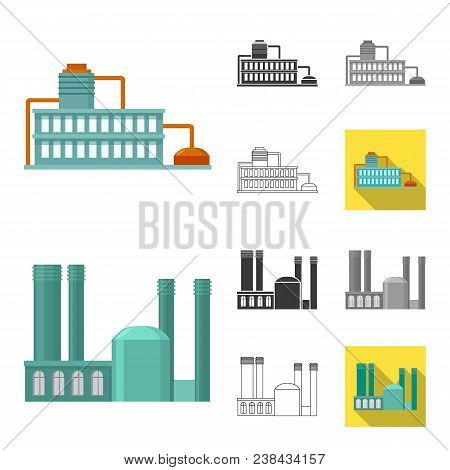 Factory And Facilities Cartoon, Black, Flat, Monochrome, Outline Icons In Set Collection For Design.