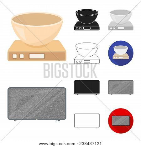 Types Of Household Appliances Cartoon, Black, Flat, Monochrome, Outline Icons In Set Collection For 