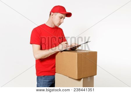 Delivery Man In Red Uniform Isolated On White Background. Male Courier In Cap, T-shirt Holding Pen,