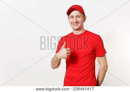 Delivery Man In Red Uniform Isolated On White Background. Professional Smiling Caucasian Male In Cap
