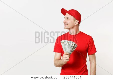 Delivery Man In Red Uniform Isolated On White Background. Professional Smiling Male In Cap, T-shirt