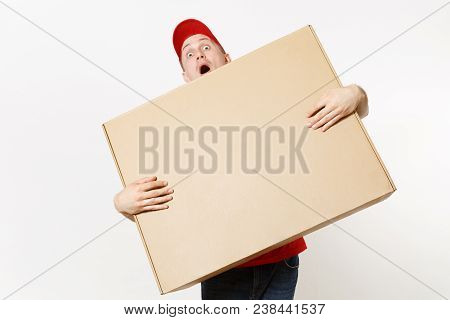 Delivery Man In Red Uniform Isolated On White Background. Male In Cap, T-shirt, Jeans Working As Cou