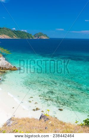Aerial View point of Tropical white sand beach and snorkel point at cockburn island andaman sea indian ocean Myanmar and Thailand.