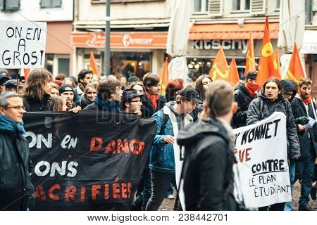 Strasbourg, France  - Mar 22, 2018: Group Of People At Demonstration Protest Against Macron French G