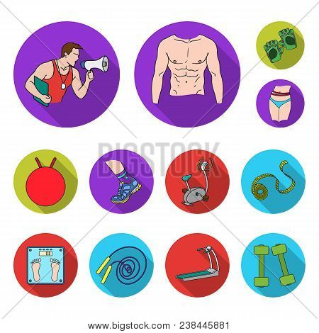 Fitness And Attributes Flat Icons In Set Collection For Design. Fitness Equipment Vector Symbol Stoc
