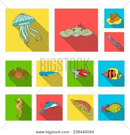 A Variety Of Marine Animals Flat Icons In Set Collection For Design. Fish And Shellfish Vector Symbo