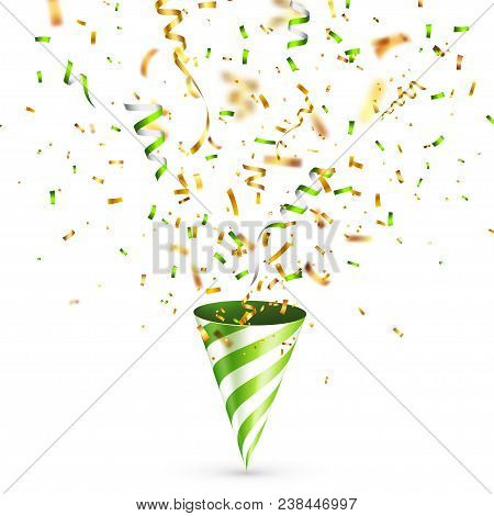 Party Shiny Hat With Ribbon And Confetti. Holiday Decoration.celebration.birthday.vector Illustratio