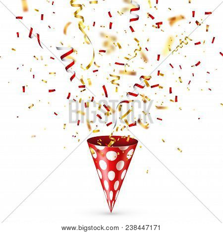Party Shiny Hat With Ribbon And Confetti. Holiday Decoration.celebration.birthday.vector Illustratio