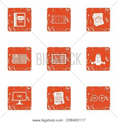 Start Up Contract Icons Set. Grunge Set Of 9 Start Up Contract Vector Icons For Web Isolated On Whit