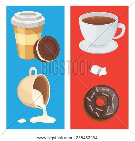 Cup Of Coffee, Cappuccino, Latte And Chocolate Food. Sweet Deserts Time