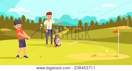 Joyful Boy Is Hitting Ball With Golf Clubs, Aiming At Hole. Happy Father Showing Thumbs Up On Golf C