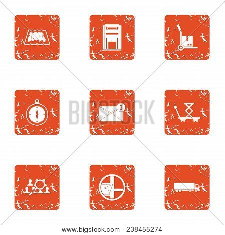 Document Delivery Icons Set. Grunge Set Of 9 Document Delivery Vector Icons For Web Isolated On Whit