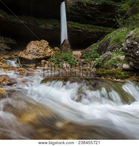 Upper Pericnik Waterfall In Slovenian Alps In Autumn, Triglav National Park.