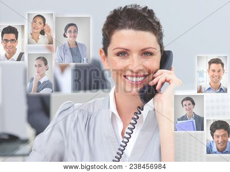 Woman holding phone with Profile portraits of people contacts