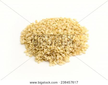 Sesame Seeds Isolated White Bascground. Food Photo.
