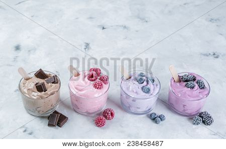 Healthy Vegan Dessert Concept - Smoothie Bowl Made Of Frozen Banana And Berries, Nicecream, Copy Spa