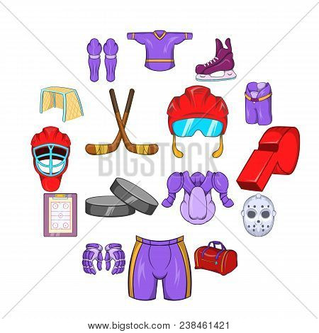 Hockey Icons Set In Cartoon Style Isolated On White Background