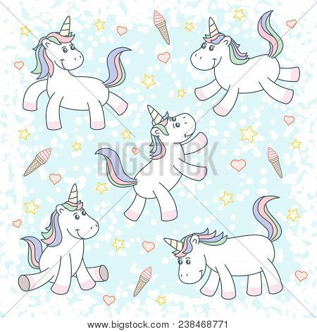 Cute Magical Unicorns, Stars, Hearts, Ice Creams