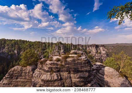 Bastei Rocks In Swiss Saxony, Around The Ruins Of Neurathen Castle. Germany In Summer