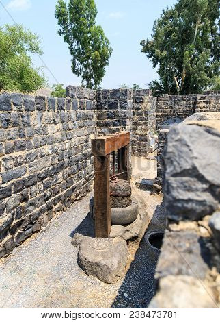 Ancient Oil Press In Ruins Of Kursi - A Large Byzantine 8th-century Monastery In Which Jesus Christ 