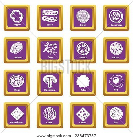 Slice Food Icons Set Vector Purple Square Isolated On White Background