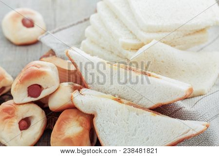 Bread Of Ham And More On Wooden Floor.