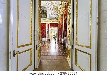 Saint Petersburg, Russia - March 16, 2018: People In Halls Of Hermitage Museum. The State Hermitage 